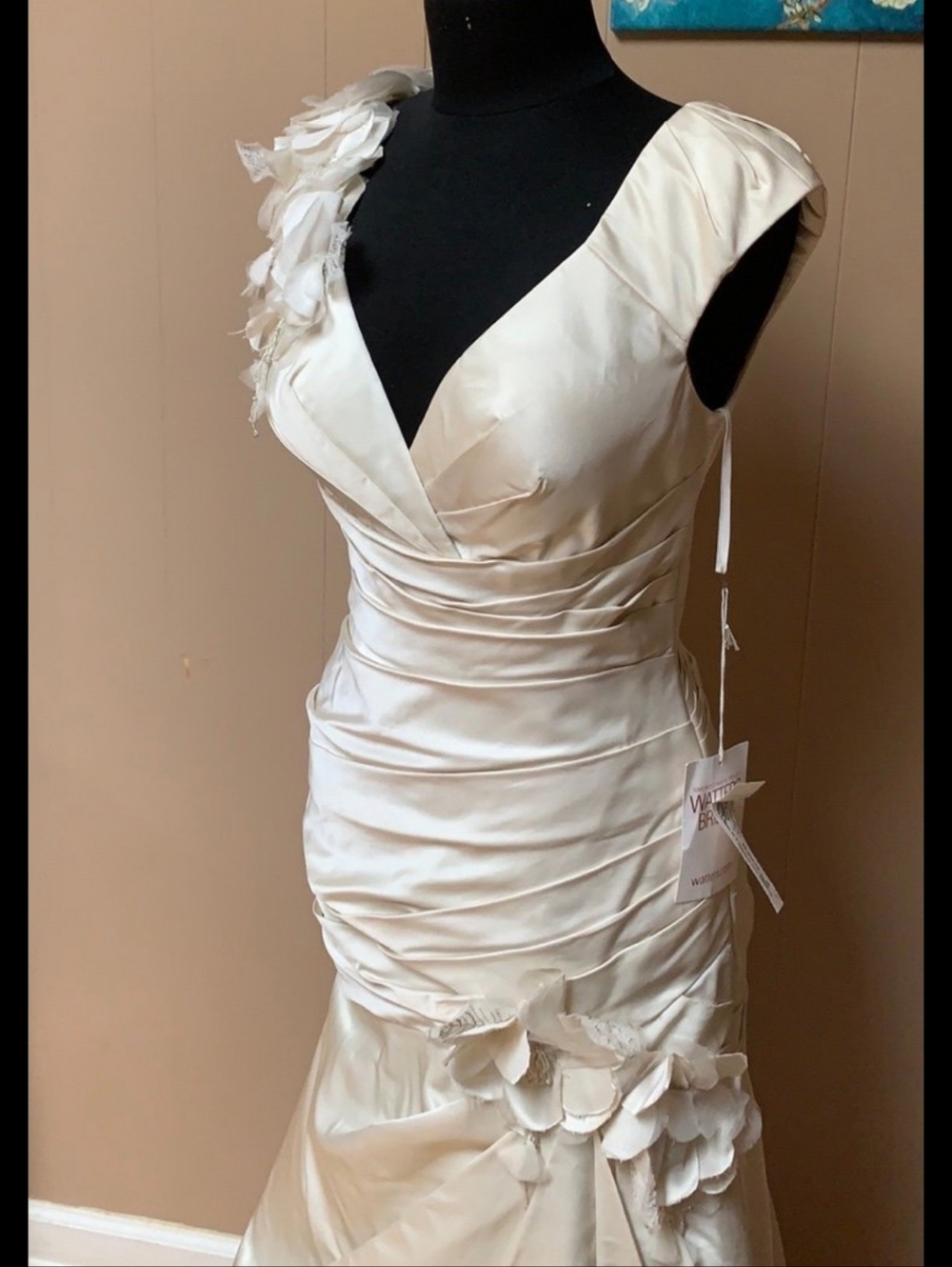 Watters Egg Shell Floral-Applique V-Neck Wedding Dress - Picture 4 of 12